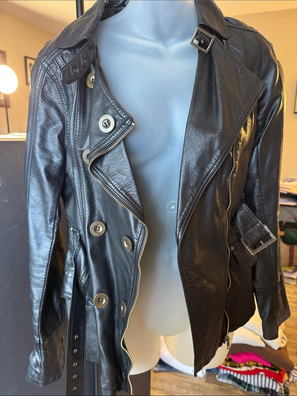 Black Leather Double-Breasted women’s faux leather motorcycle Jacket
